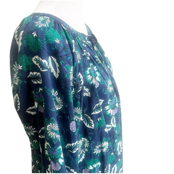 Loft Women’s Long Sleeve Blouse Floral Cotton Size XL Round Neck Navy Green - Picture 4 of 11